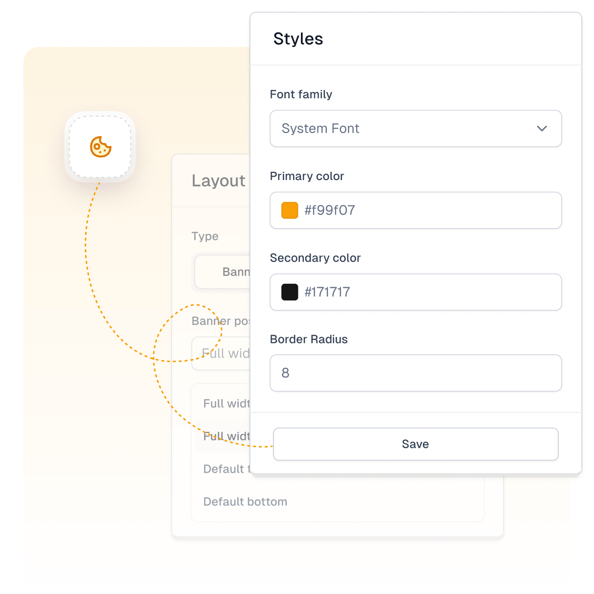 Elemento del panel para configurar un aviso de cookies