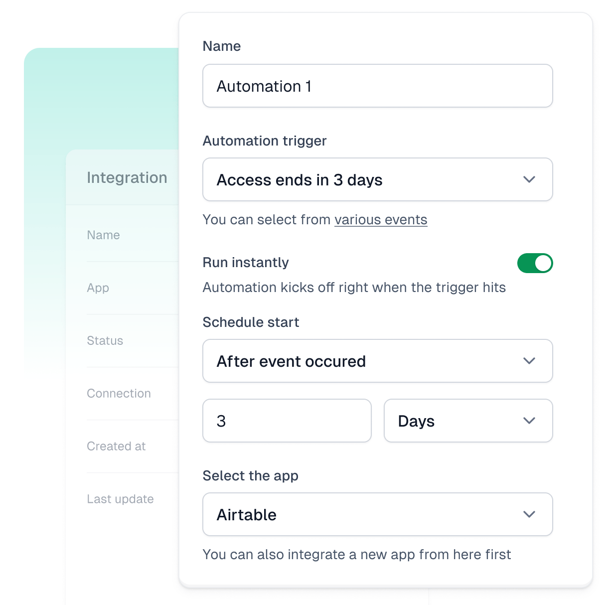 Automation configurator with option to choose trigger, schedule start and select the connected app