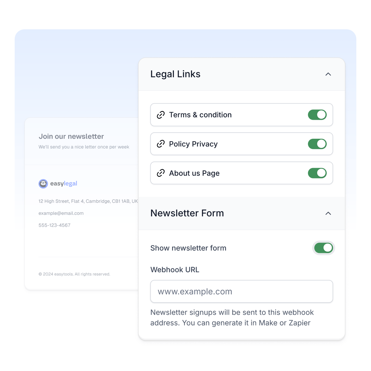 Easylegal footer setup interface