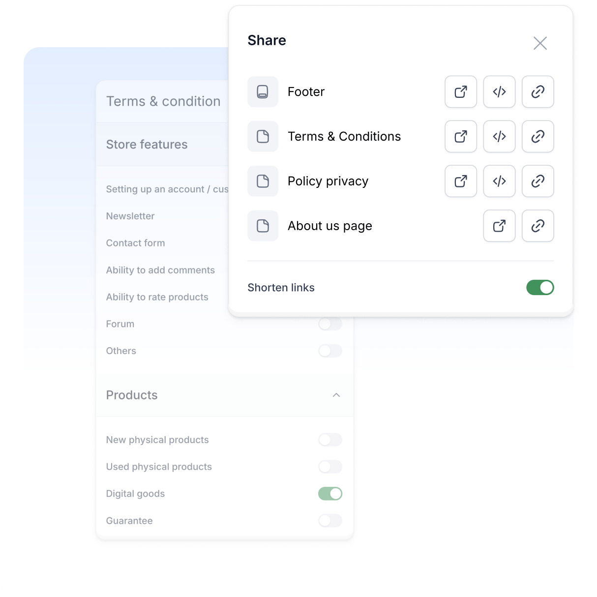 Interface element for sharing created legal documents