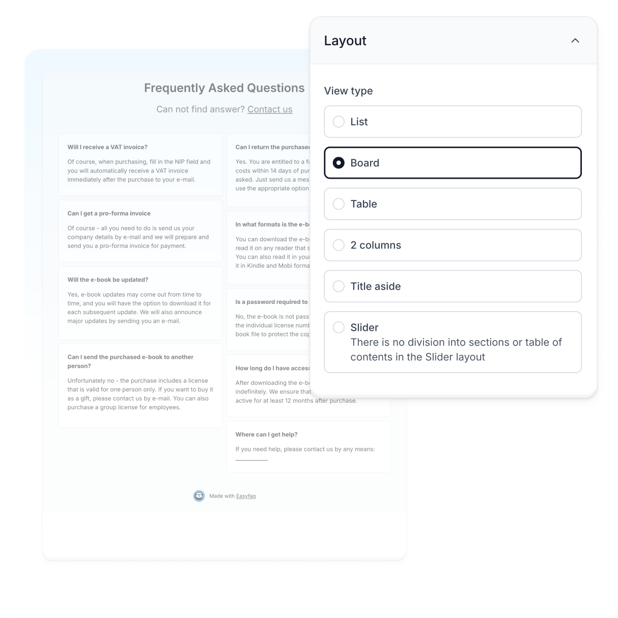 FAQ page layout dashboard.