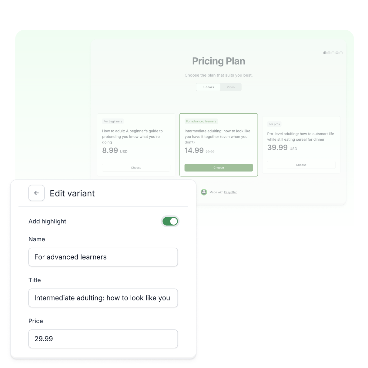 Easyoffer pricing plan page with an option to edit a variant, including highlighting features and setting prices.