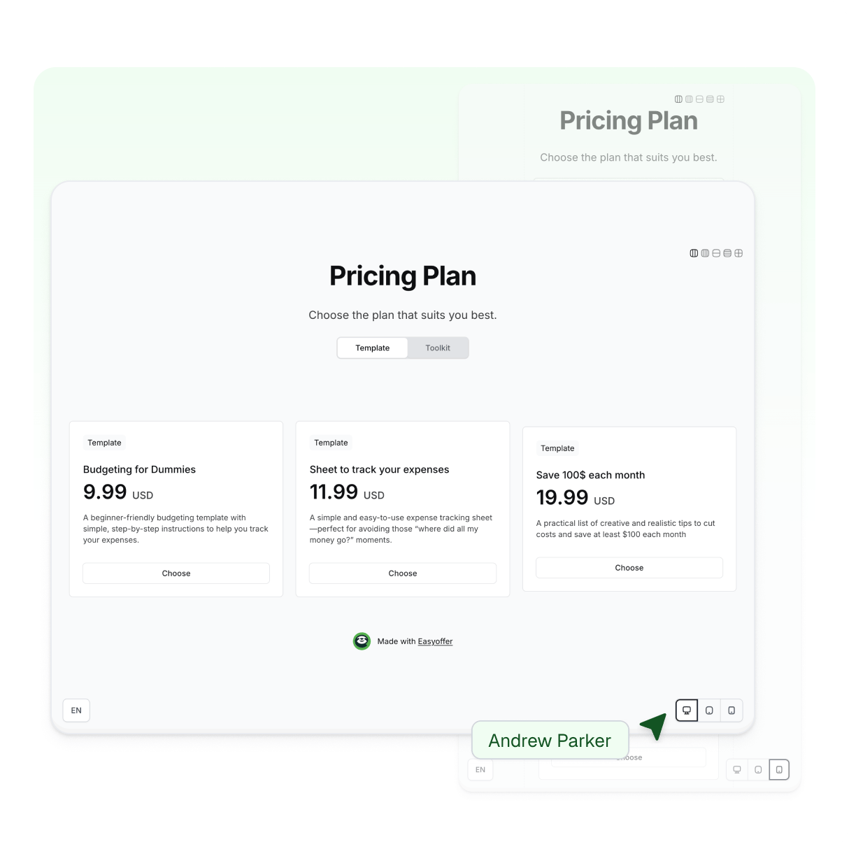 Easyoffer pricing plan page highlighting responsive design.
