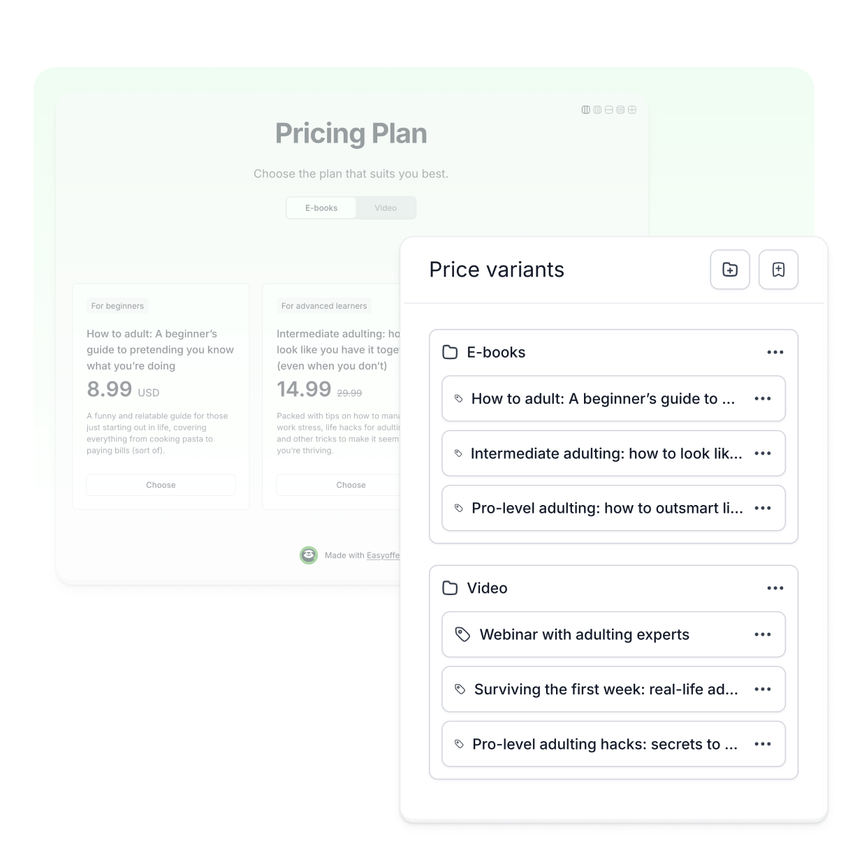 Easyoffer pricing plan page featuring various e-book and video options with price variants.