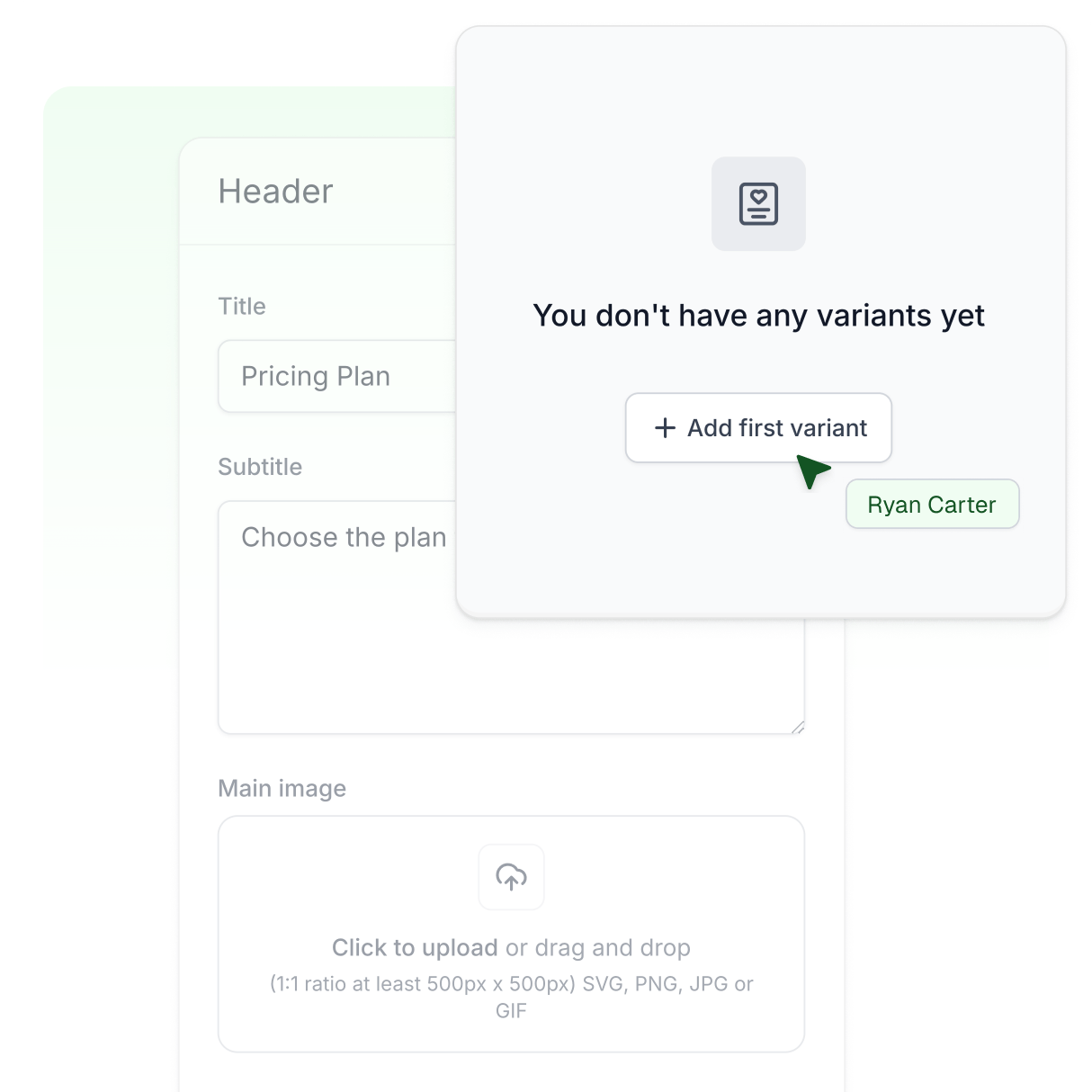 Easyoffer product page showing a prompt to add the first variant to a pricing plan.