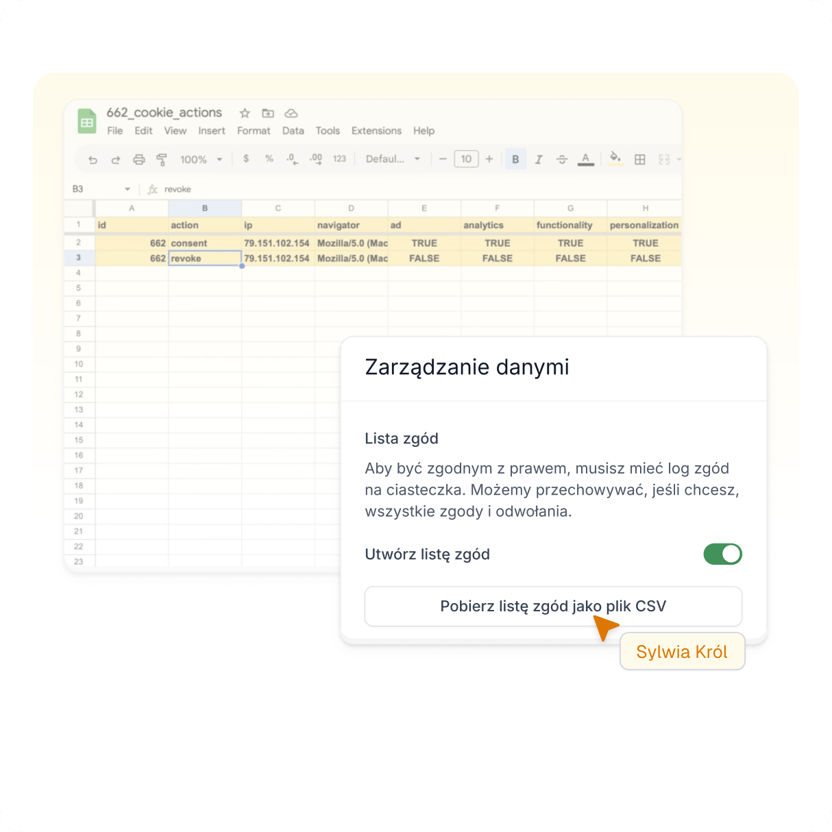 Lista zgód cookie i eksport CSV