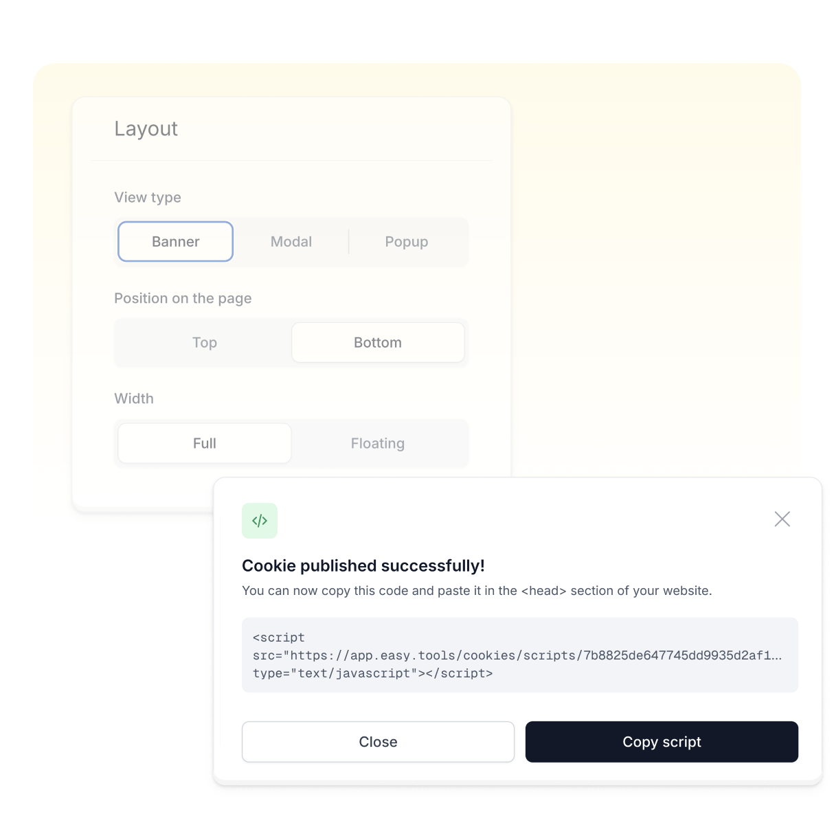 Opciones de diseño y script para insertar un banner de cookies