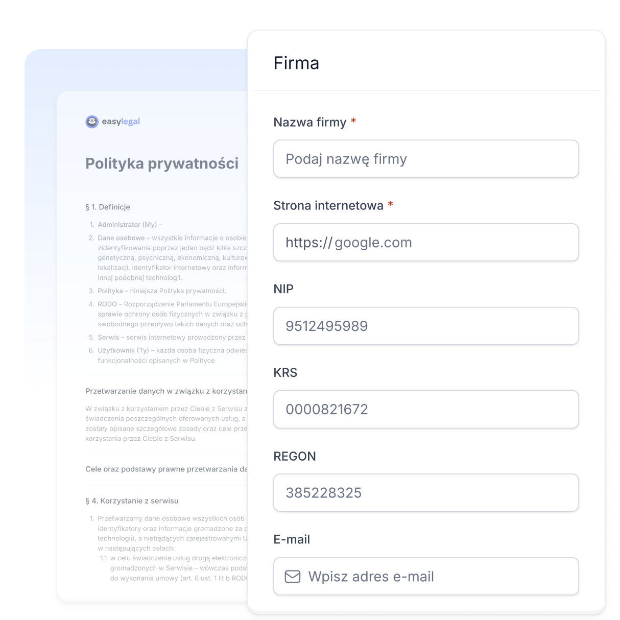 Interfejs generatora dokumentów Easylegal