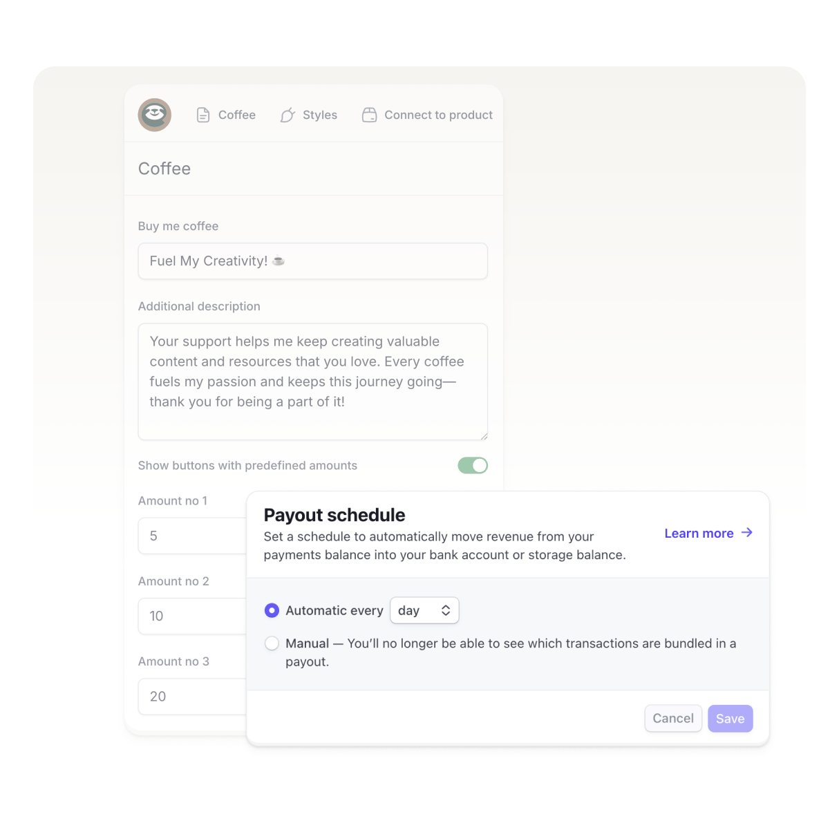 Ajustes de pago de Stripe para las donaciones de Easycoffee.