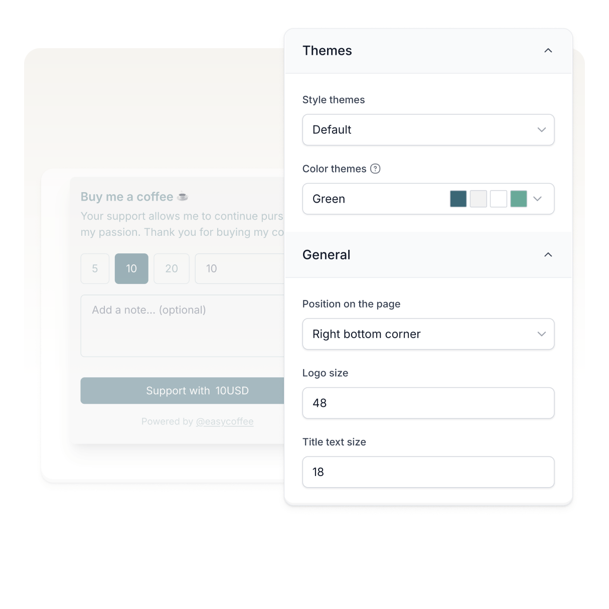 Opciones de personalización del widget de Easycoffee.