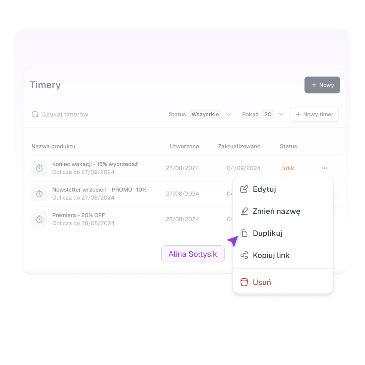 Lista timerów w Easytimer.