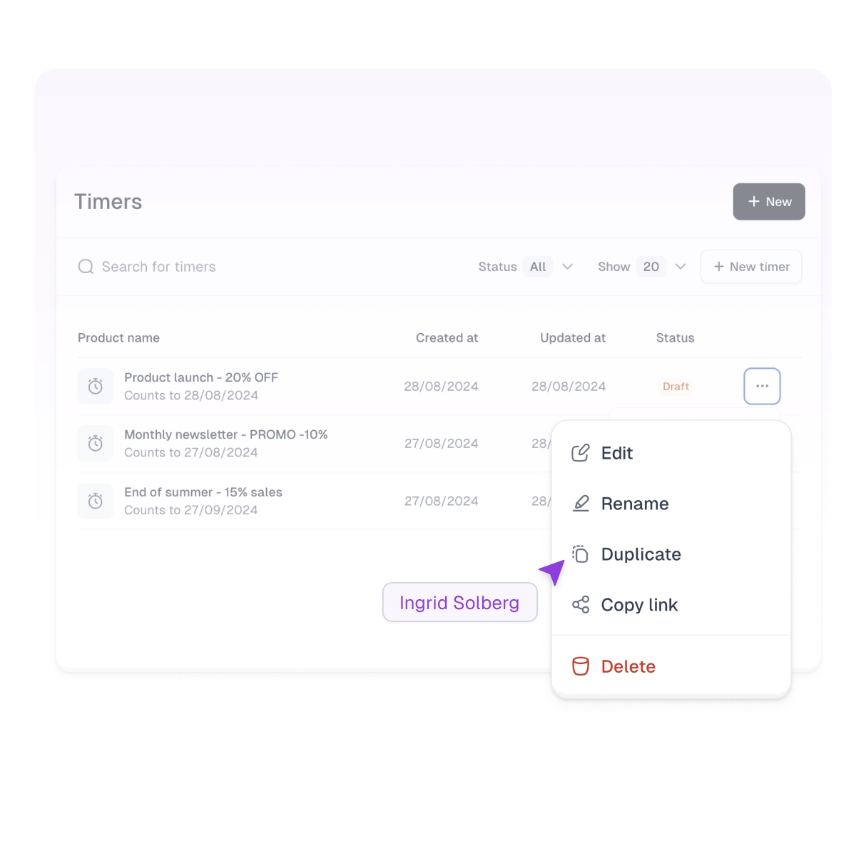 Easytimer dashboard for managing countdowns.