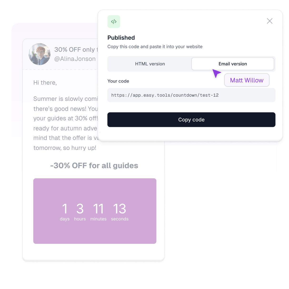 Easytimer countdown embedded in an email.