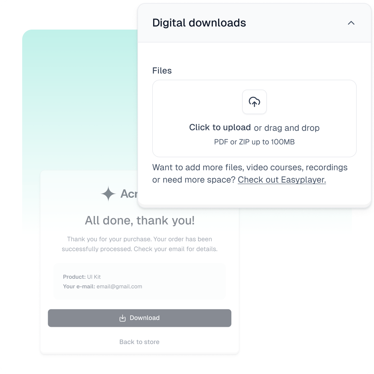 UI interface with option to upload digital downloads