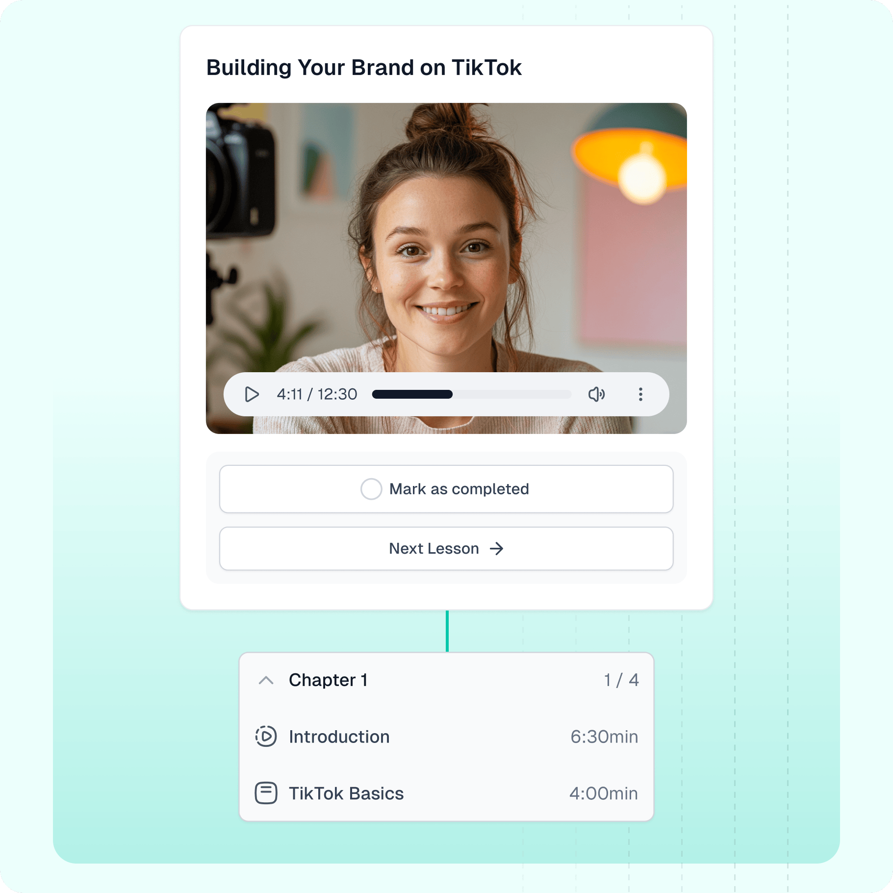 A screenshot of an online course titled Building Your Brand on TikTok with video player controls and a lesson list.
