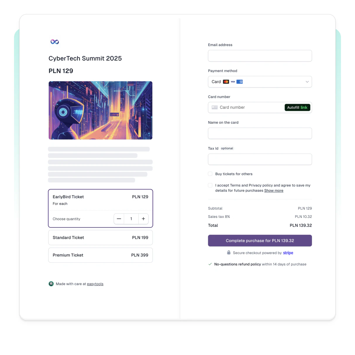 Checkout with custom branding, multiple ticket variants and attendee assignment