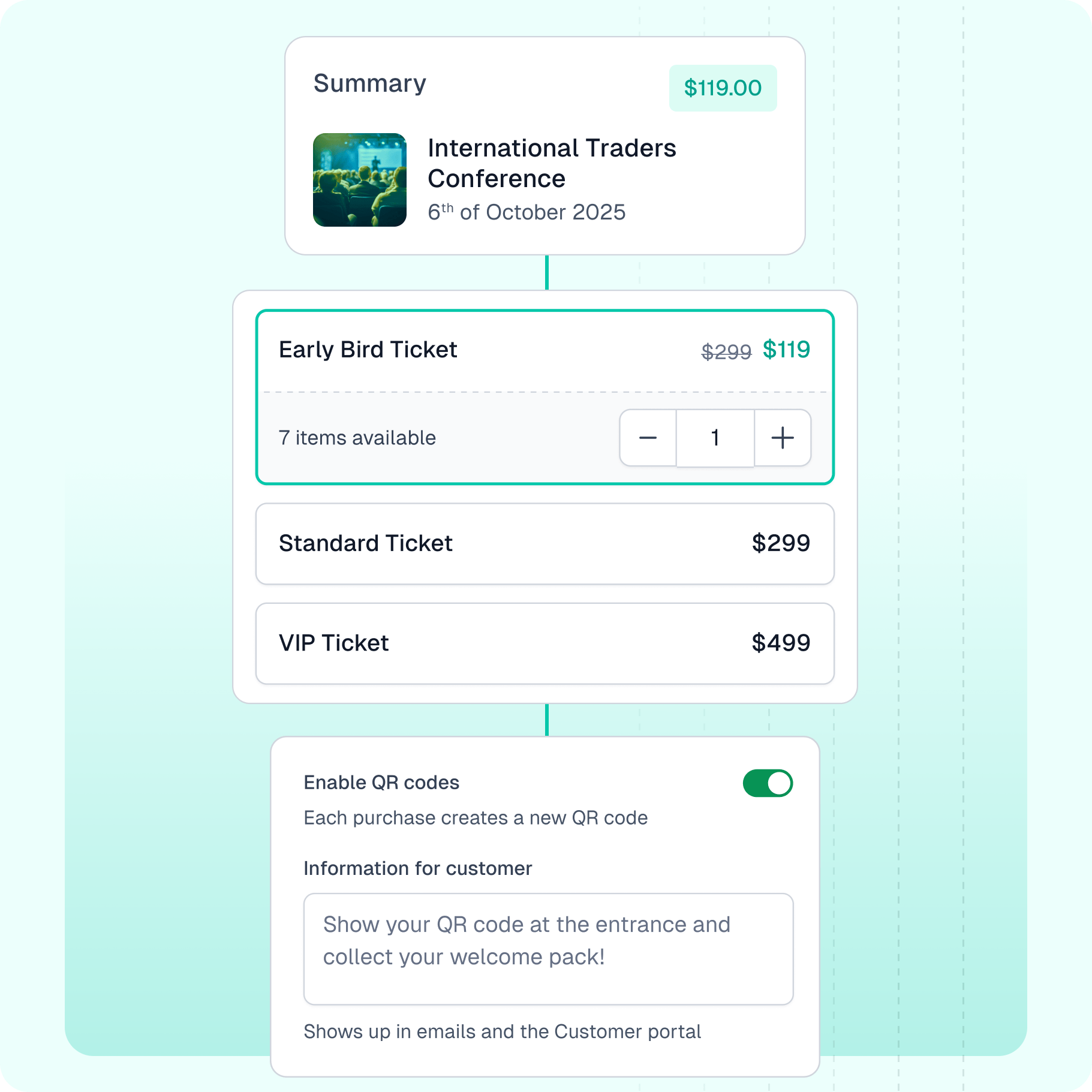 Easytools interface with features supporting ticket sales - multiple ticket tiers in one cart and option to assign QR code to each purchase.