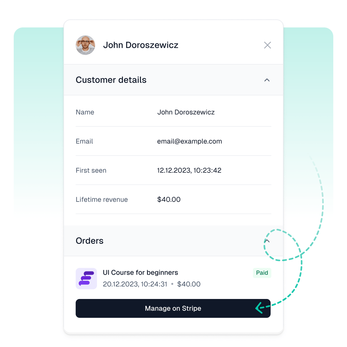 Vista de detalles del cliente en Easytools con un botón para gestionar directamente su información en Stripe.