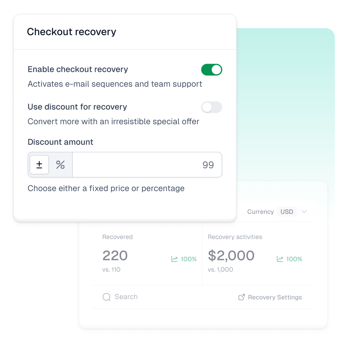 Easytools interface with checkout recovery settings.