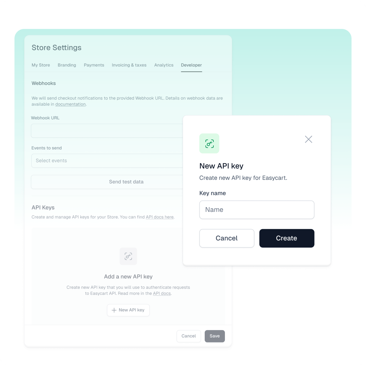 Interfaz de Easytools para añadir una clave API o una URL de webhook y crear escenarios de automatización más complejos.