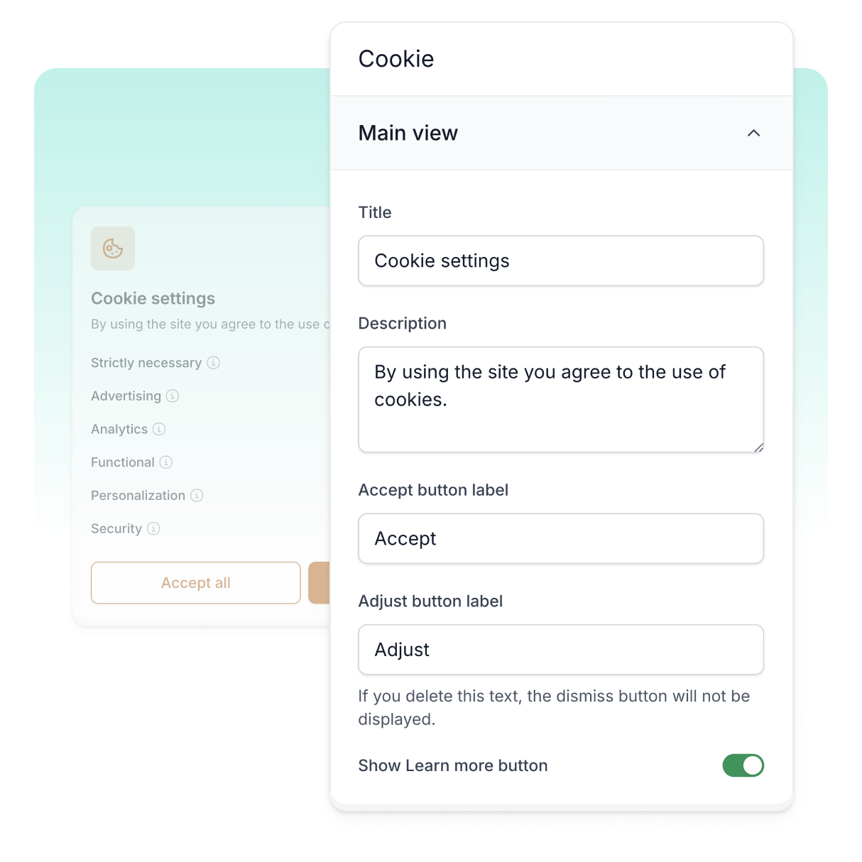 Easytools interface for creating a cookie consent banner.