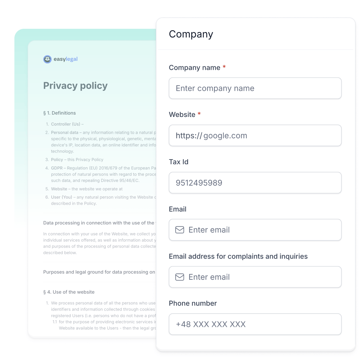Easytools interface for automatically generating legal documents such as privacy policy or terms.