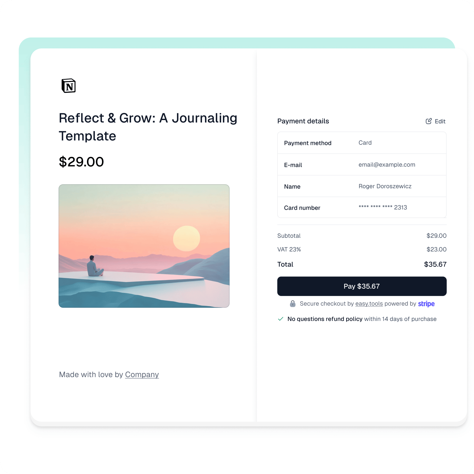 Easycart checkout with one-click payments, featuring a Notion template