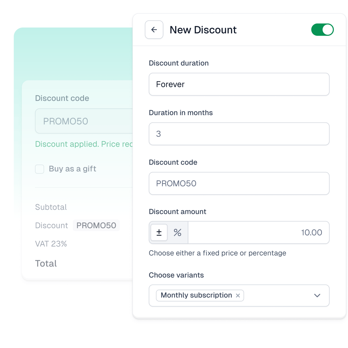 Easytools discount setup interface with a PROMO50 discount code.