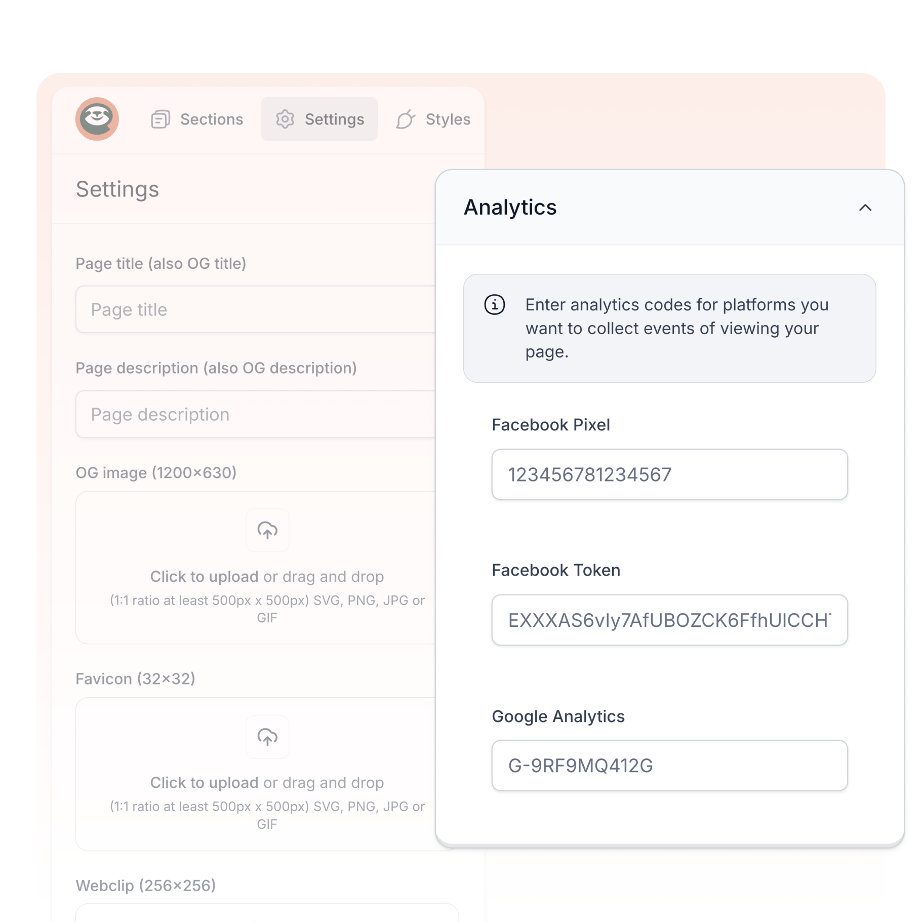 Easypage analytics and SEO settings