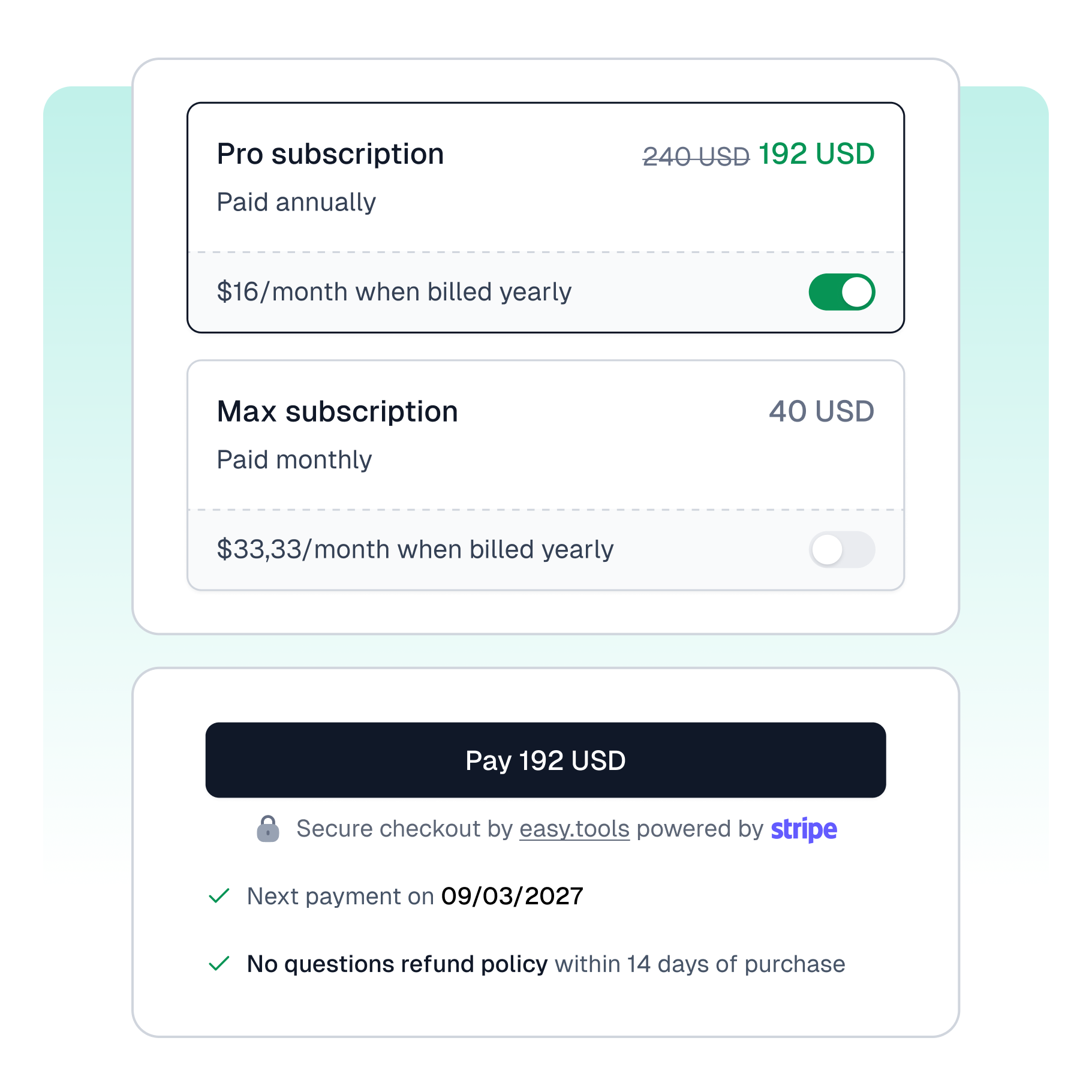 Flexible ways to sell subscriptions - create tiers, offer upsells and choose billing schedule
