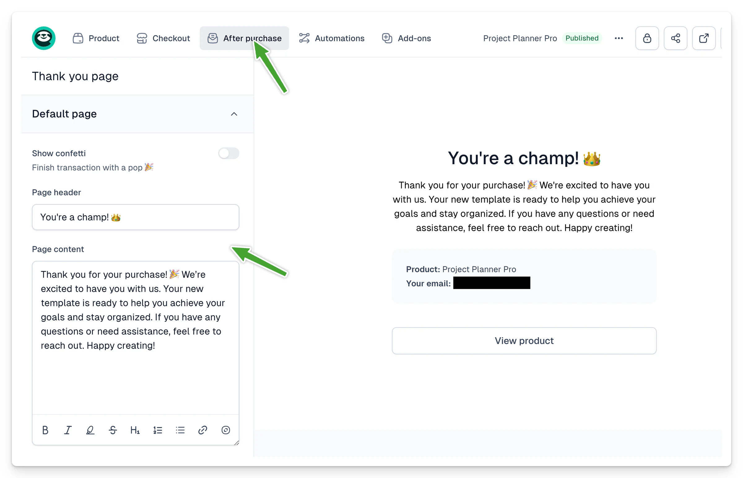 Post-purchase options - thank you page and email