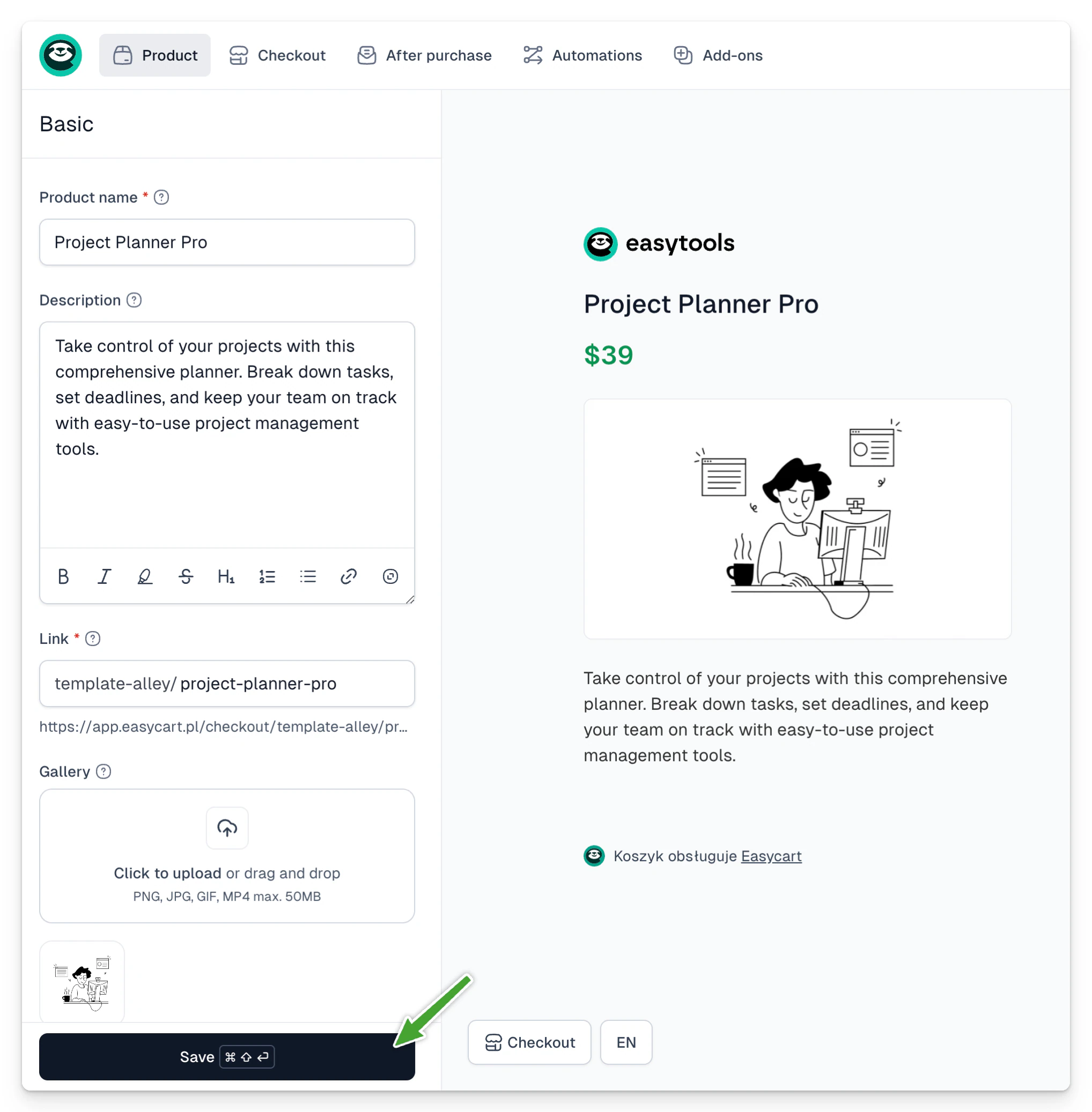 Branding settings for the product checkout