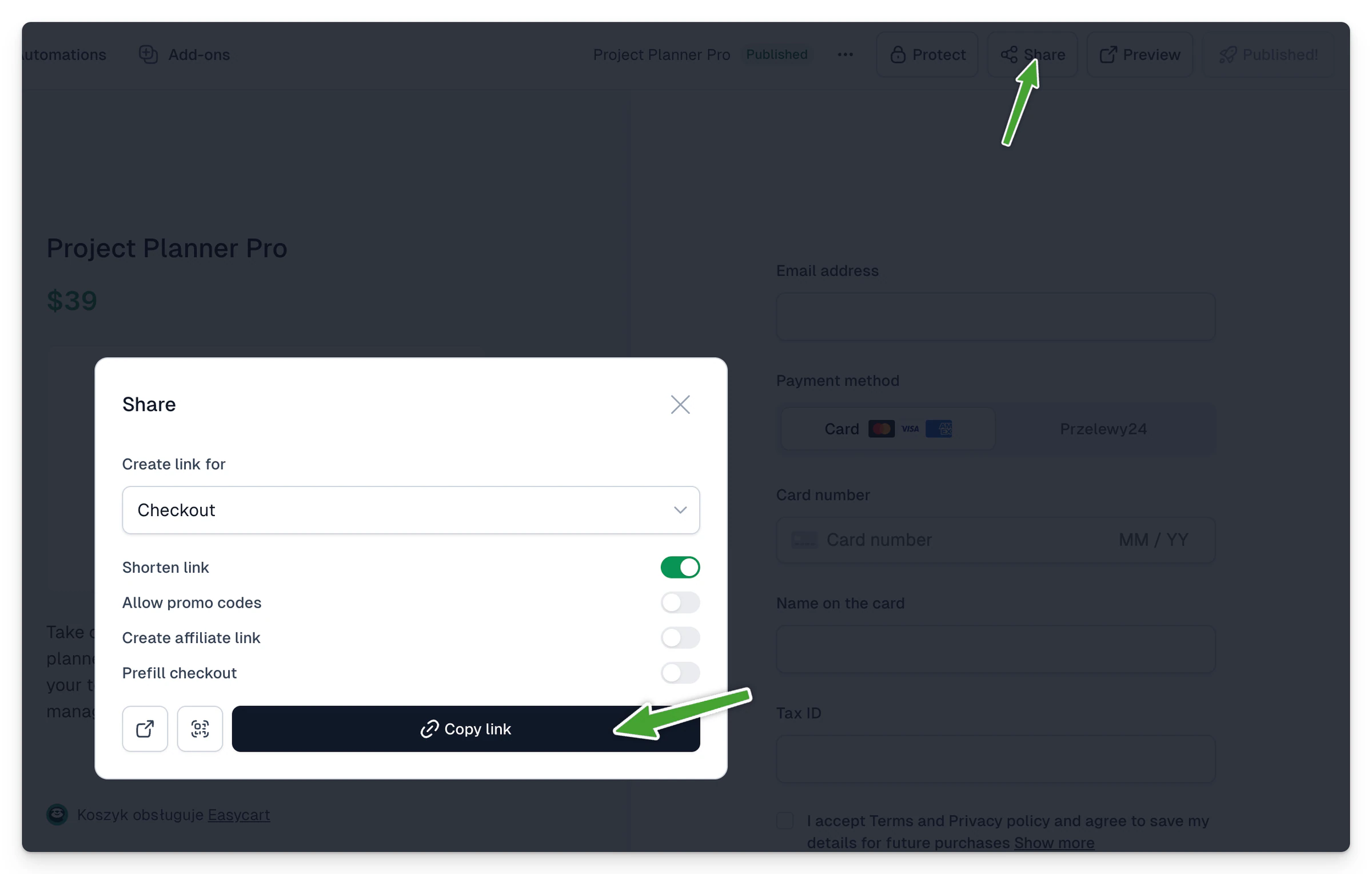 Published checkout page ready to share