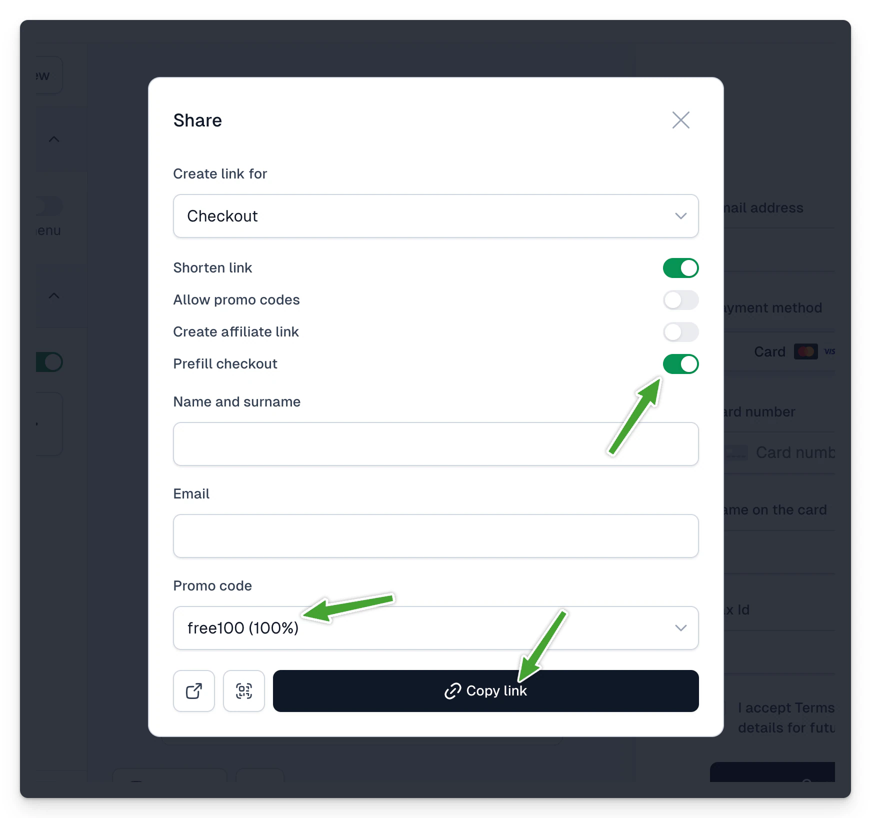 Sharing options with the checkout test link