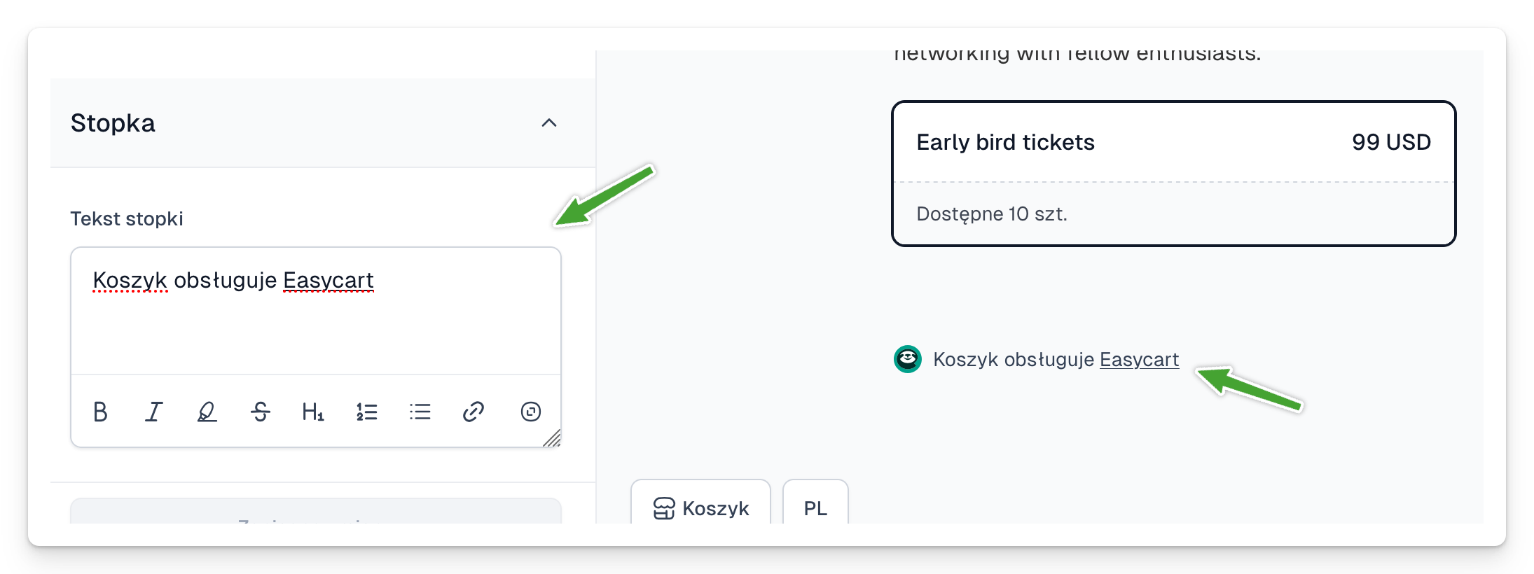 Dostosowanie stopki w koszyku