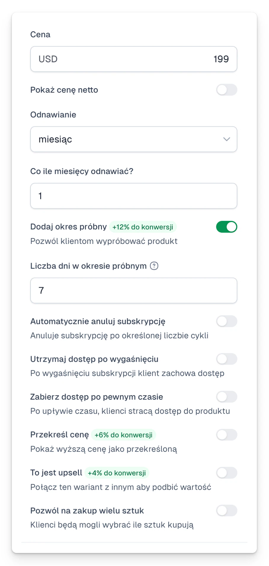 Opcje dostępne w ramach subskrypcji