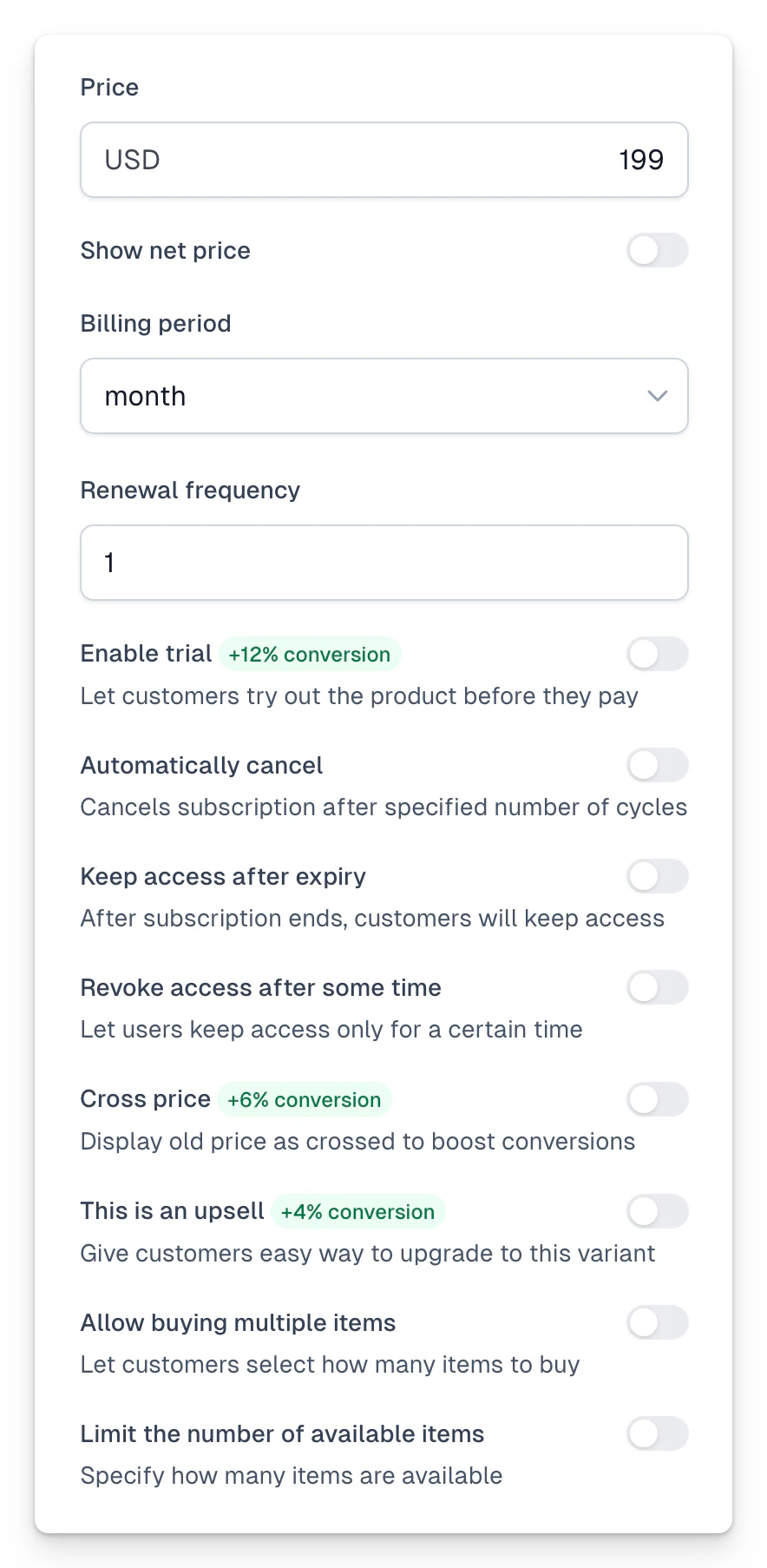 Available options for subscriptions
