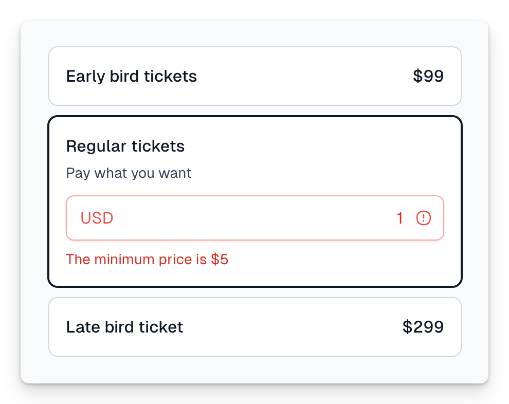 If the user enters a price lower than the minimum, they will receive a message: