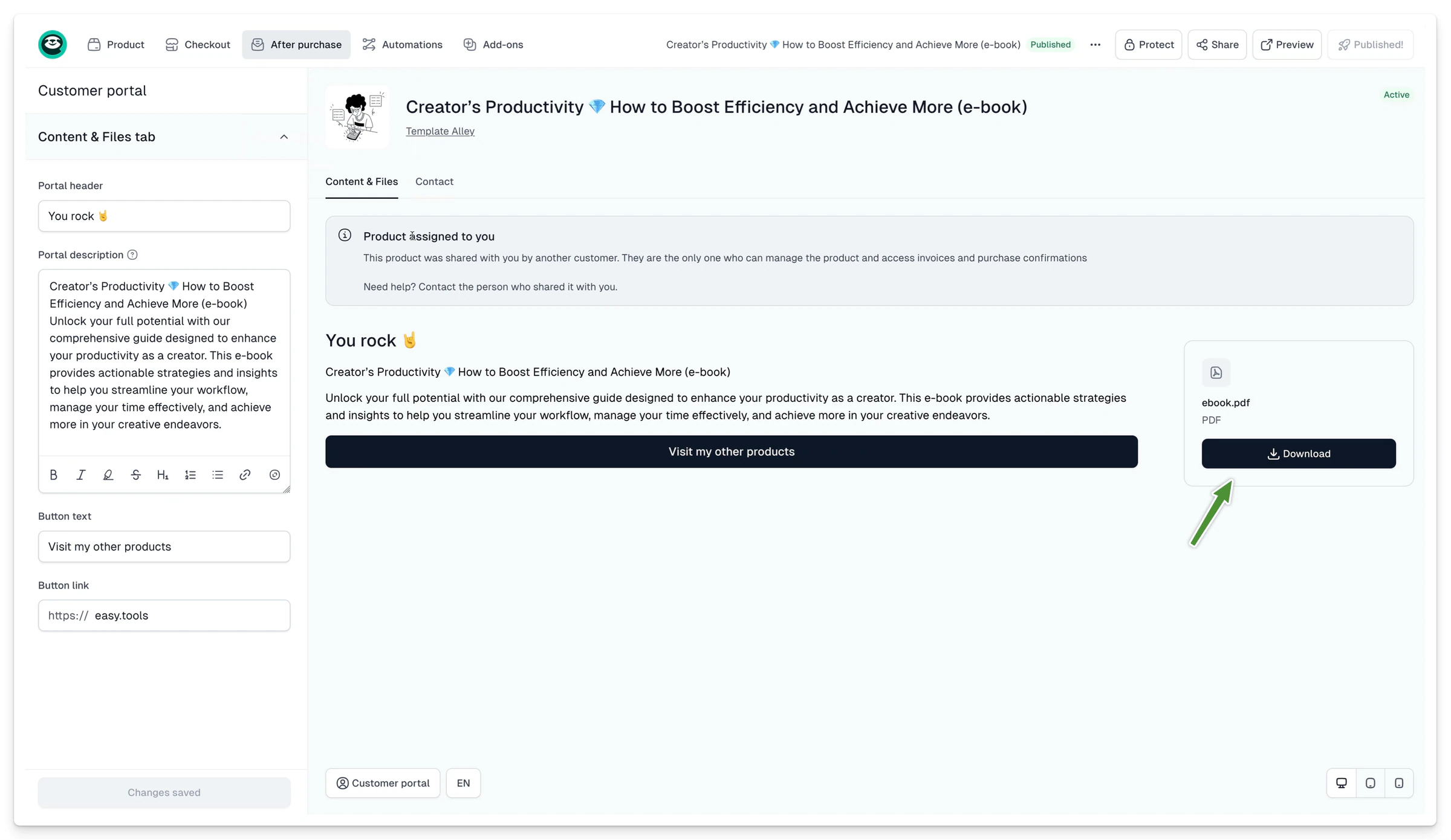 Con Easycart, los clientes pueden descargar los archivos comprados directamente desde la confirmación…