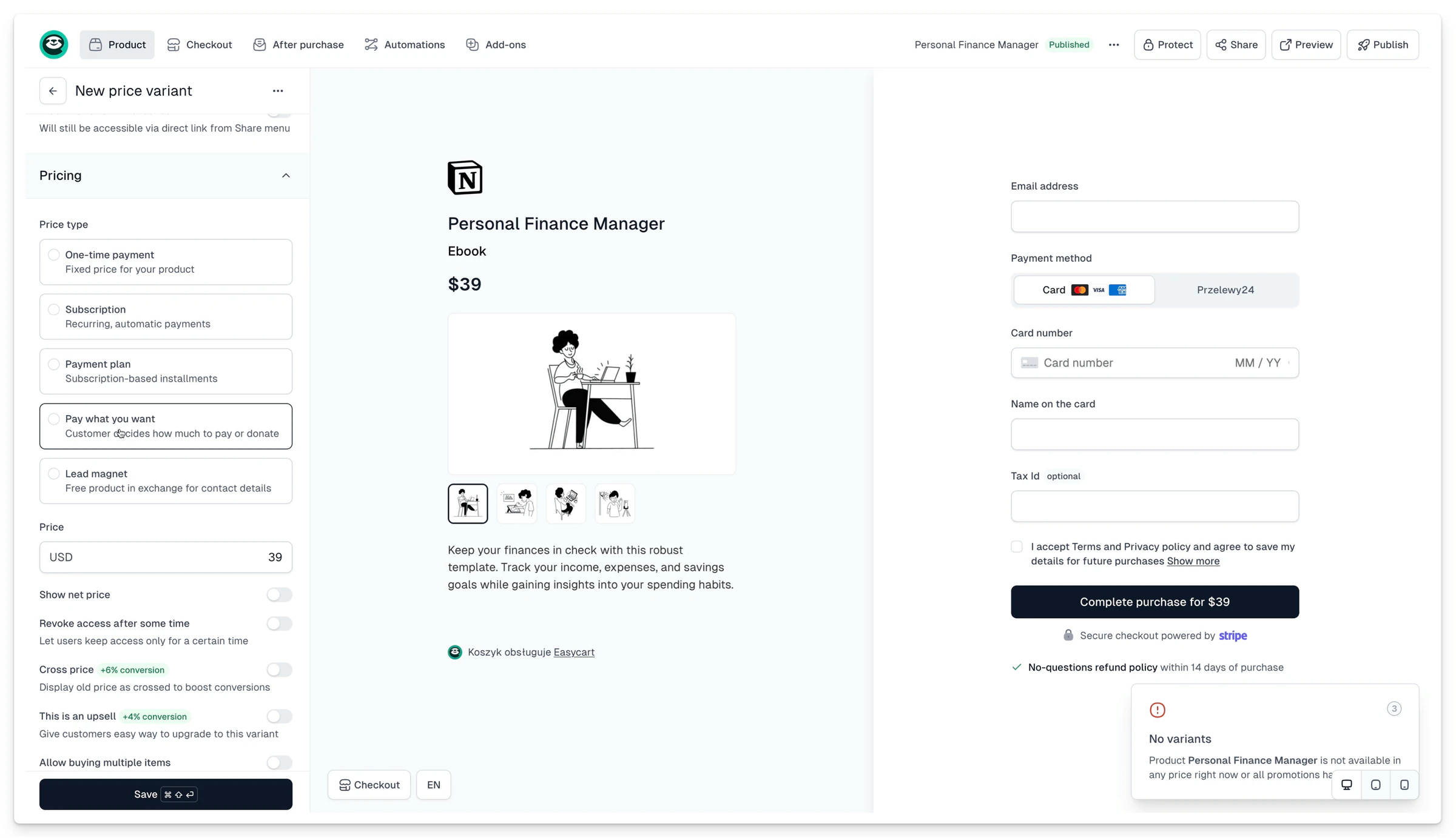 Introducing the 'Pay What You Want' pricing model: checkout screenshot