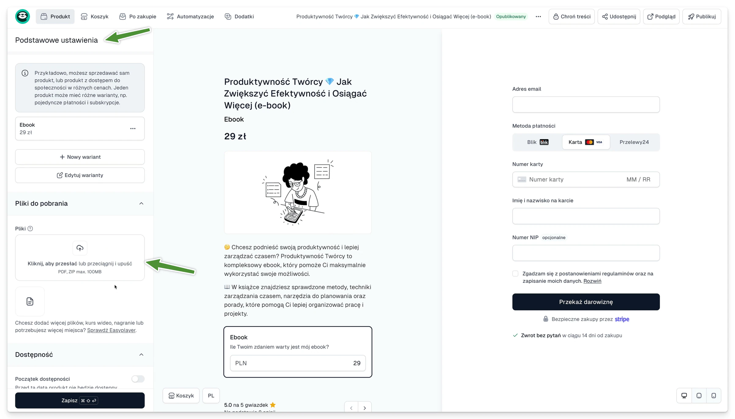 Sekcja w ramach konfiguratora koszyka Easycart, w której można wgrać własne pliki do pobrania, by później udostępnić je klientom