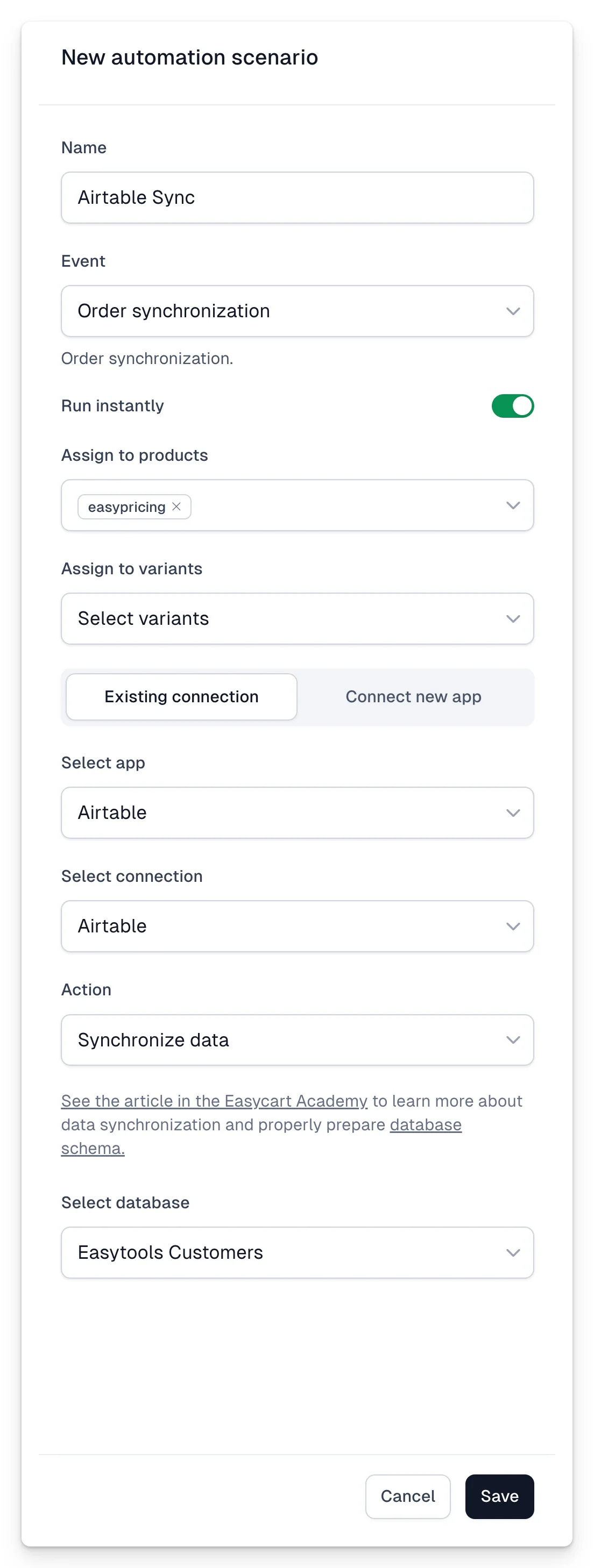 Field mapping between Easytools and an Airtable base