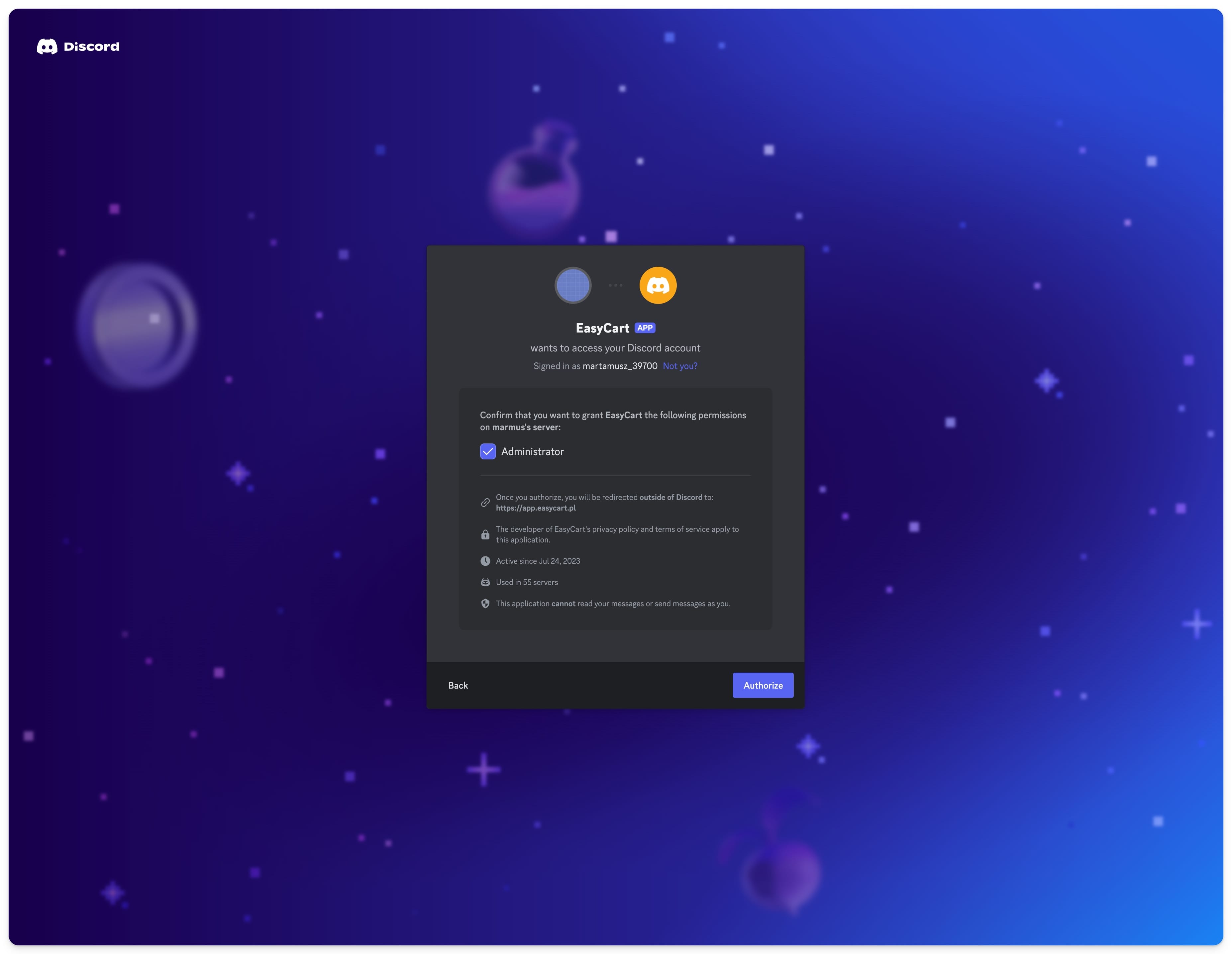 Connecting the Discord integration in Easytools