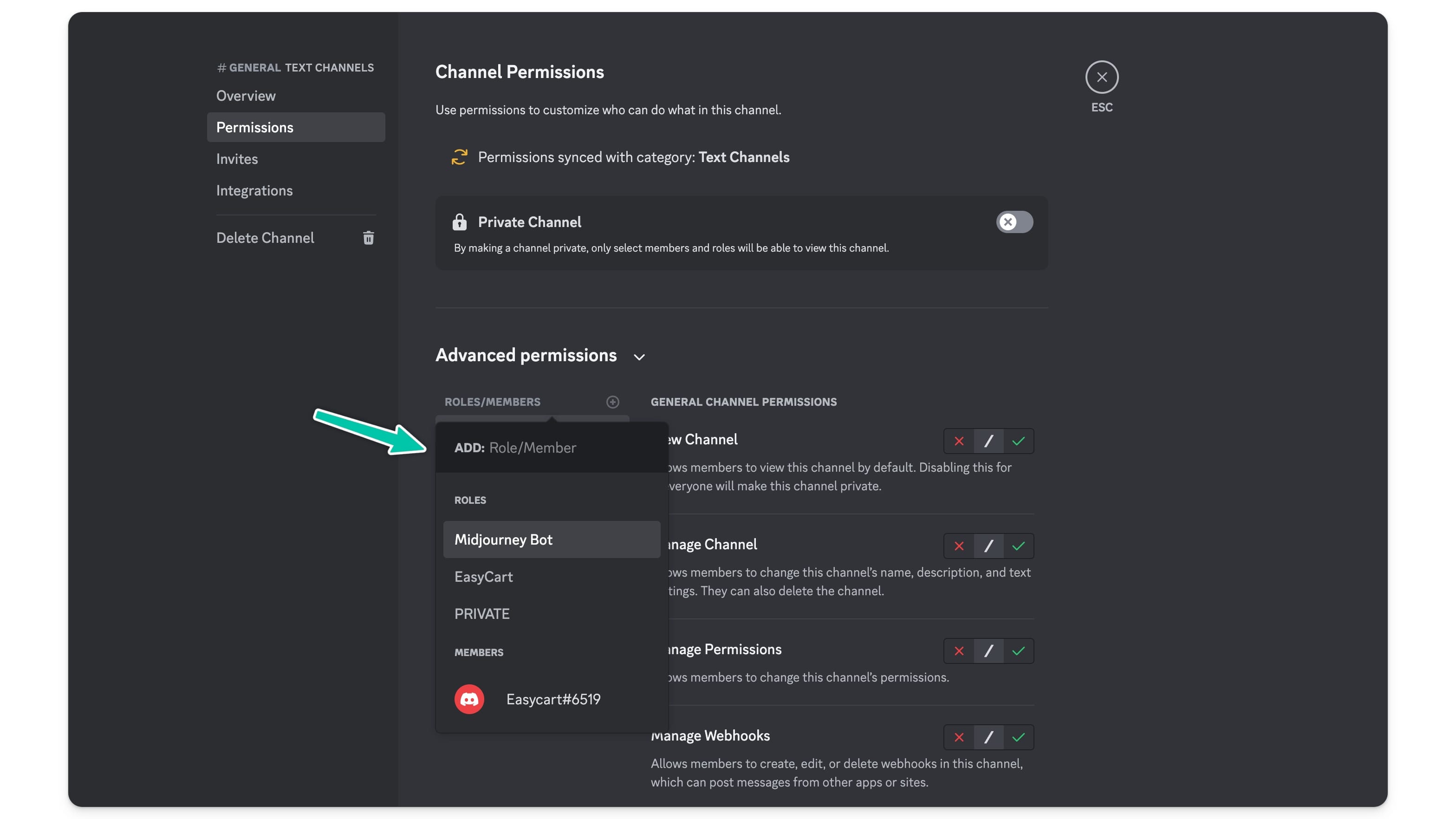 Adding roles to the existing channel in Discord.