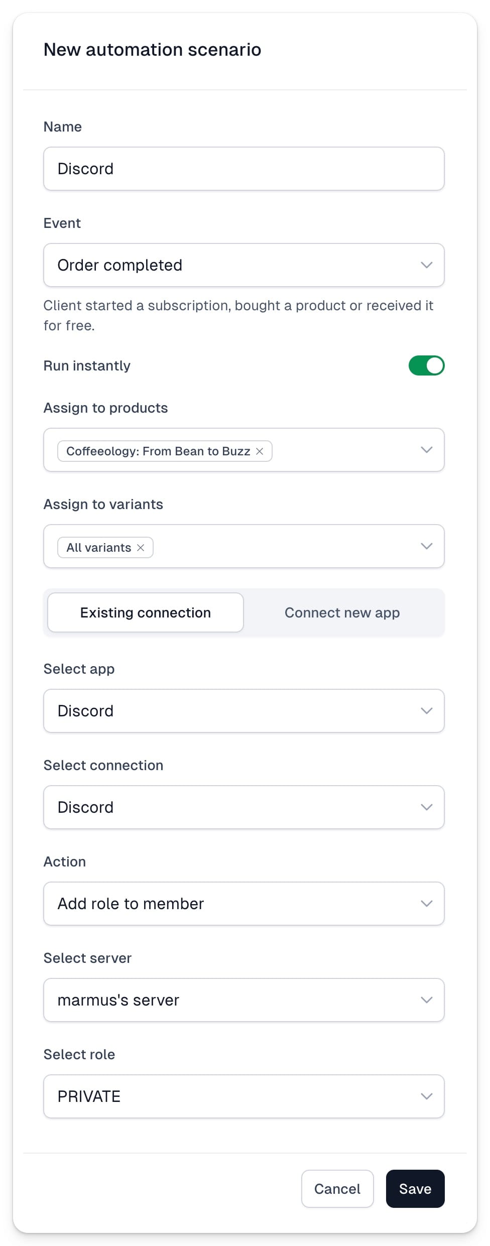 Automation scenario assigning a Discord role after purchase