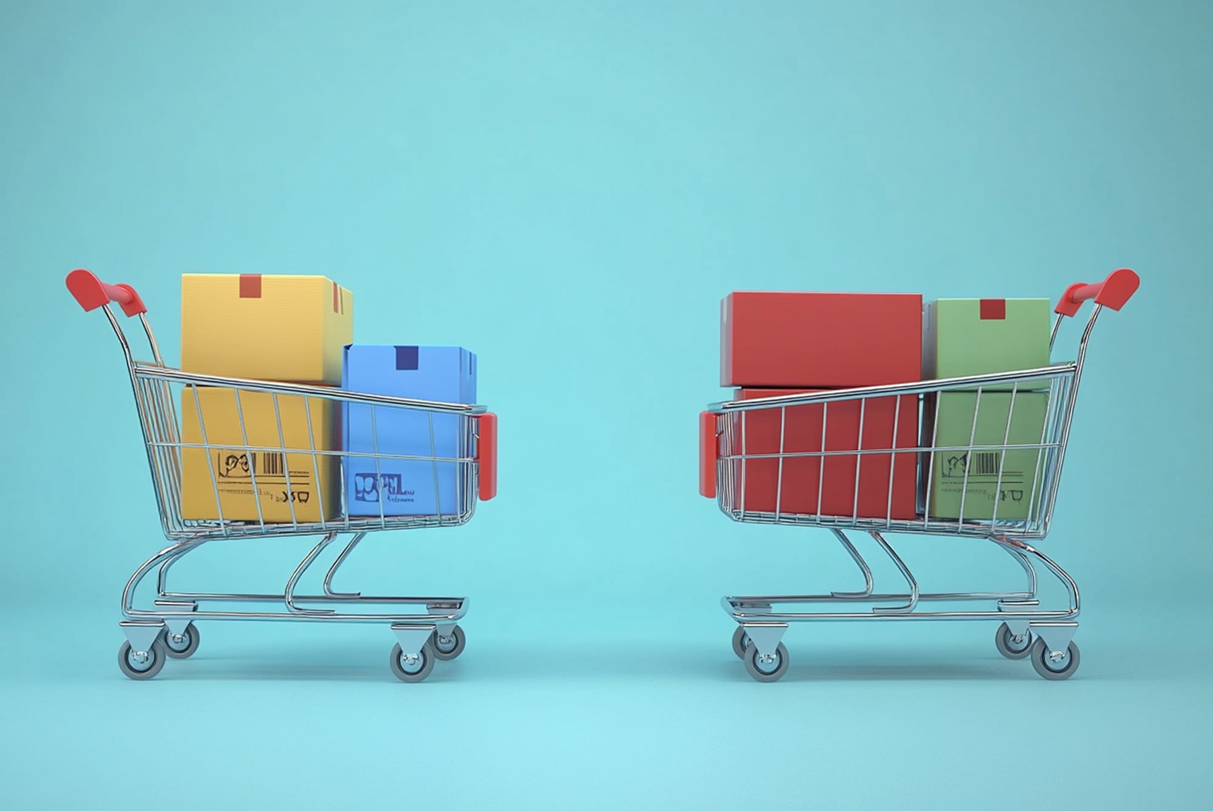 Two shopping carts filled with multiple items ready for purchase
