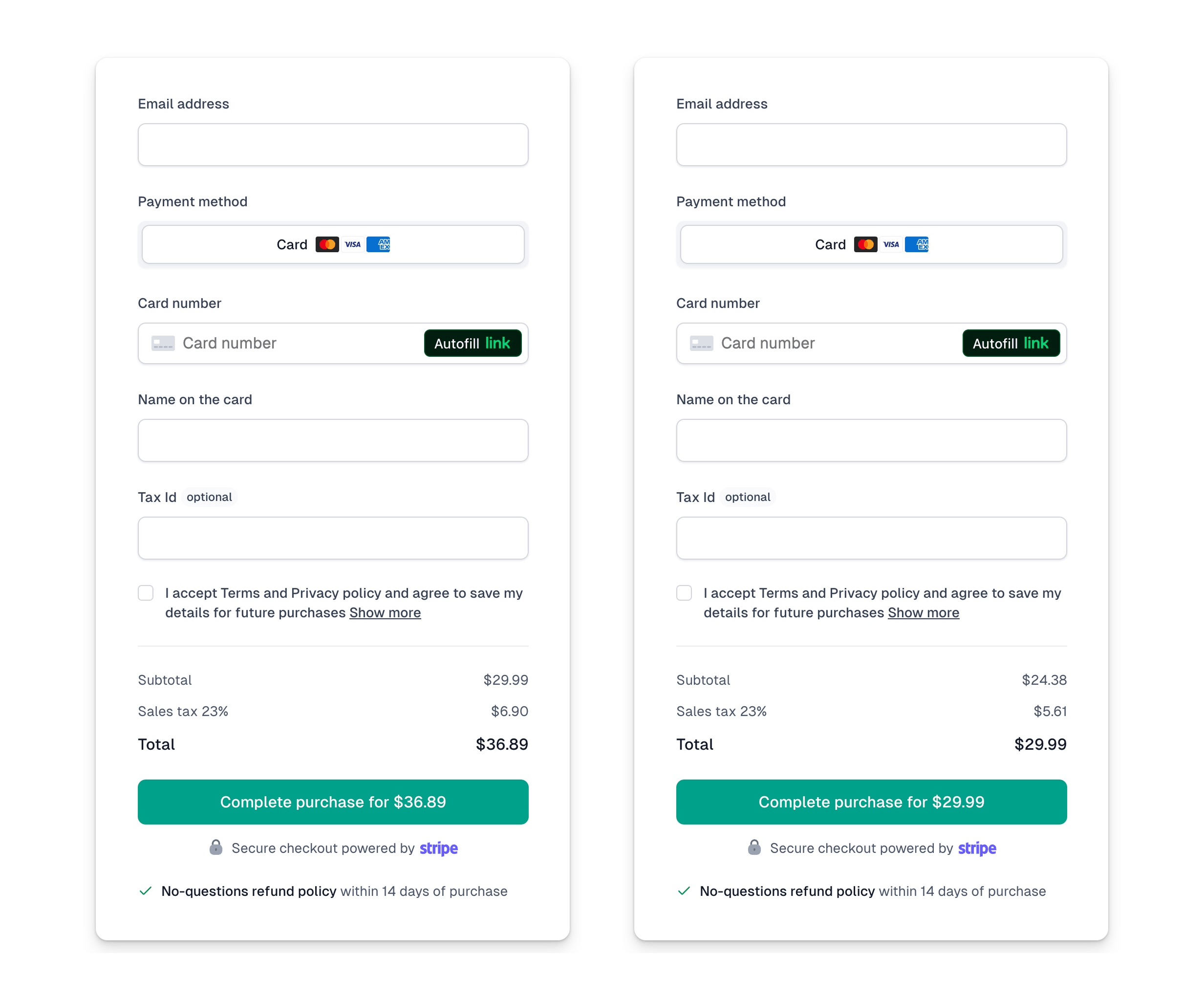Tax details at checkout