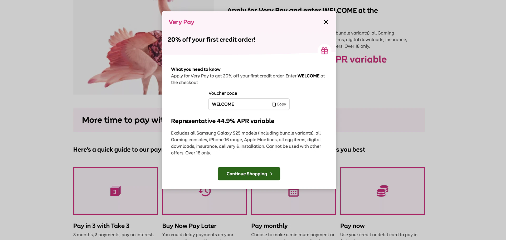 Very: https://www.very.co.uk/first-order-discount.page