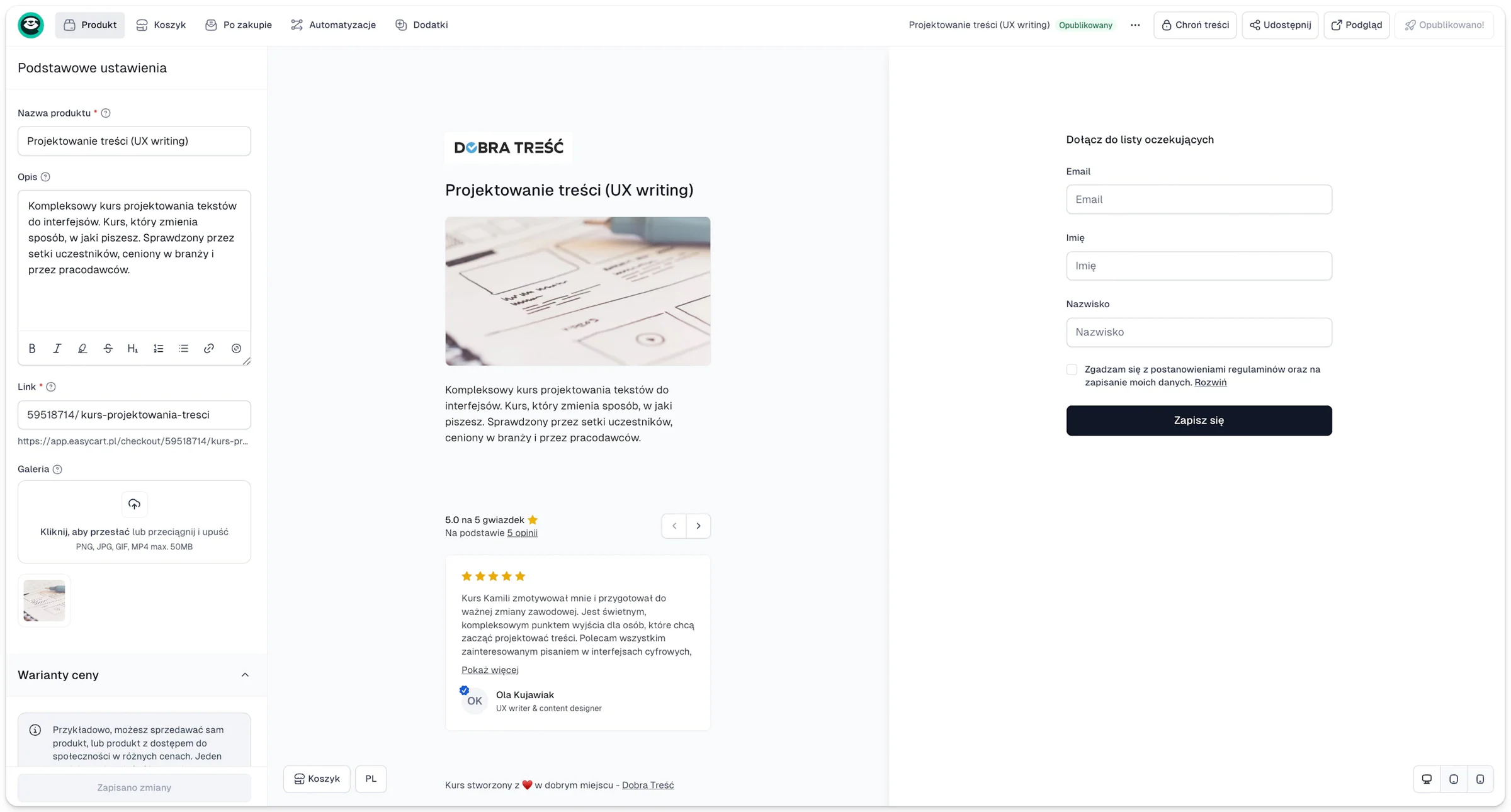 $13,000+ in one day: checkout screenshot — course builder