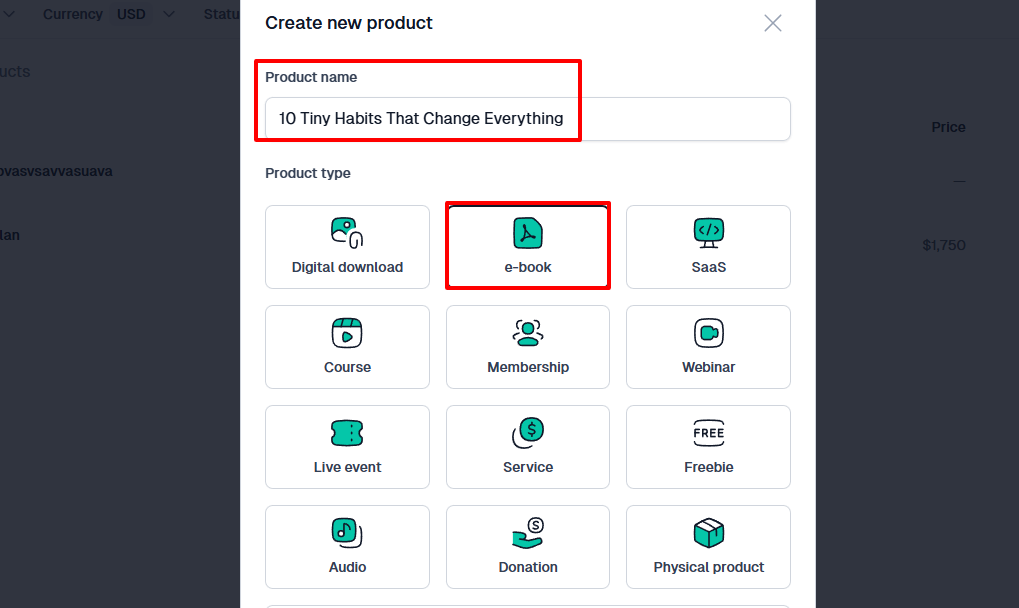 Création d'un nouveau produit ebook
